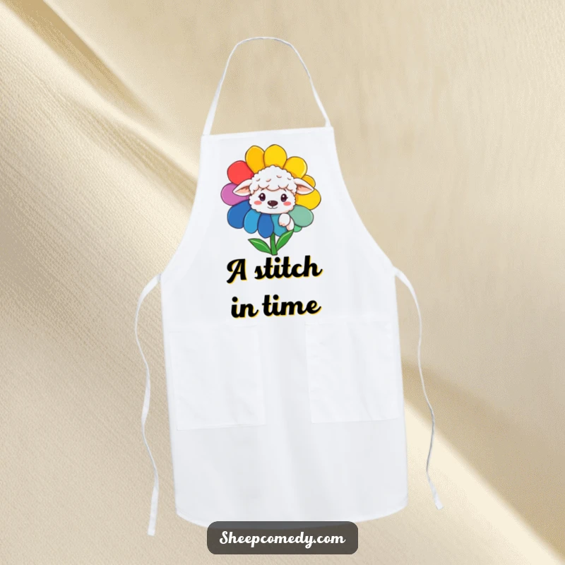Funny Sheep Apron: A humorous apron with a sheep peeking from a rainbow flower, perfect for kitchen fun.