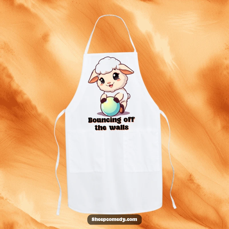 Funny Sheep Apron: A sheep character with a delighted expression playing with a shiny ball, bringing fun to cooking.