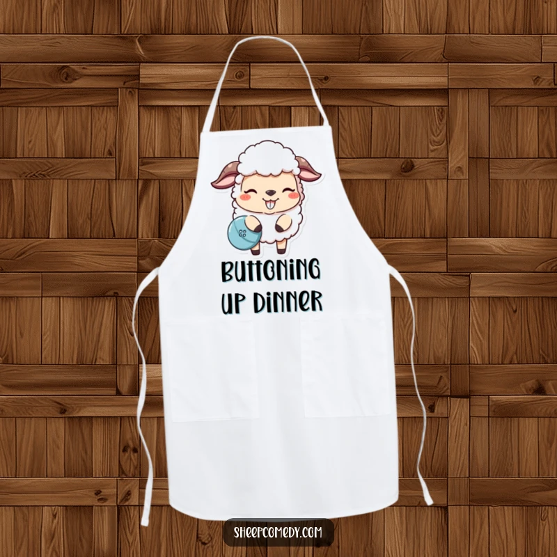 Funny sheep apron for cooking, showing a mischievous sheep nudging a lost button, practical and humorous kitchen wear.