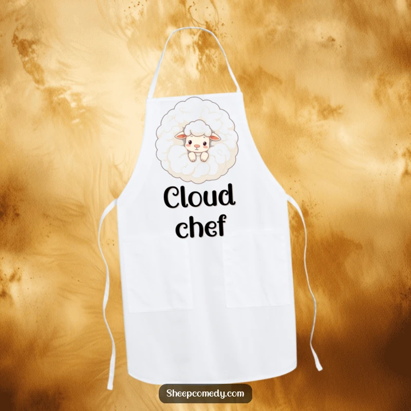 Funny sheep apron: a curious sheep peeks from behind a woolly cloud while cooking, adding sky-high humor to the kitchen.
