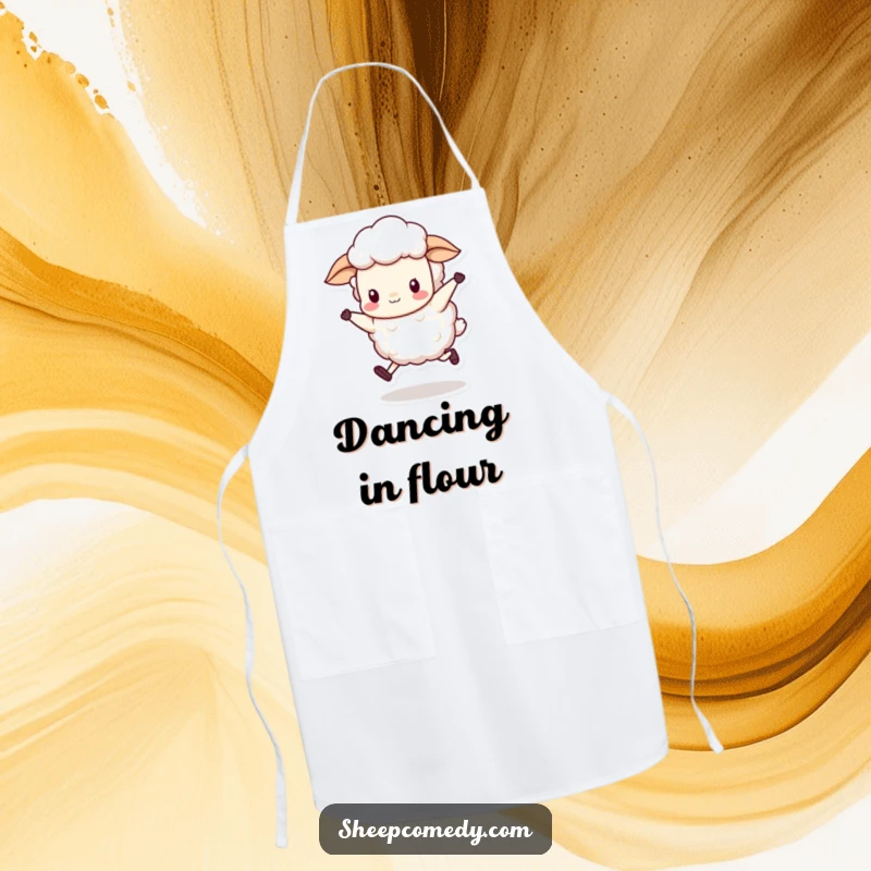 Funny sheep character doing a silly skip with rhythmic wool bobbing, featured on a practical and funny apron.
