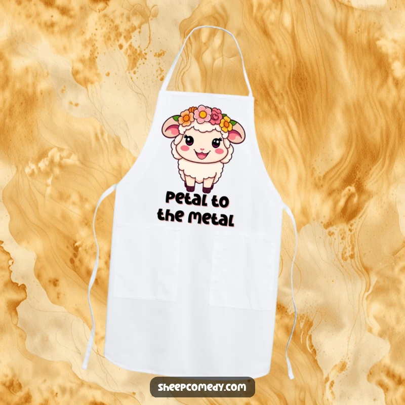 Funny Flower Crown Sheep Apron: A smiling sheep wearing a colorful flower crown, a humorous and festive kitchen accessory.