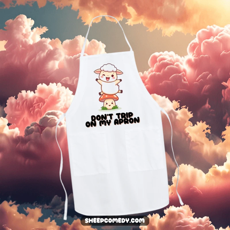 Funny Leaping Sheep Apron: A sheep joyfully leaping over a smiling mushroom, a humorous and whimsical kitchen essential.