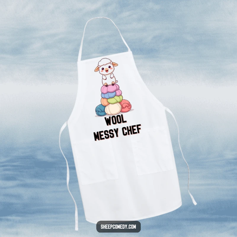 Funny kitchen apron with a delighted sheep character balancing a colorful, giant stack of wool balls, perfect for humorous crafting sessions.