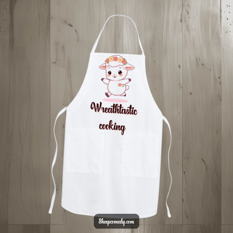 Funny sheep cub skipping apron, featuring a joyful lamb with a flower wreath, designed for happy cooking and baking.