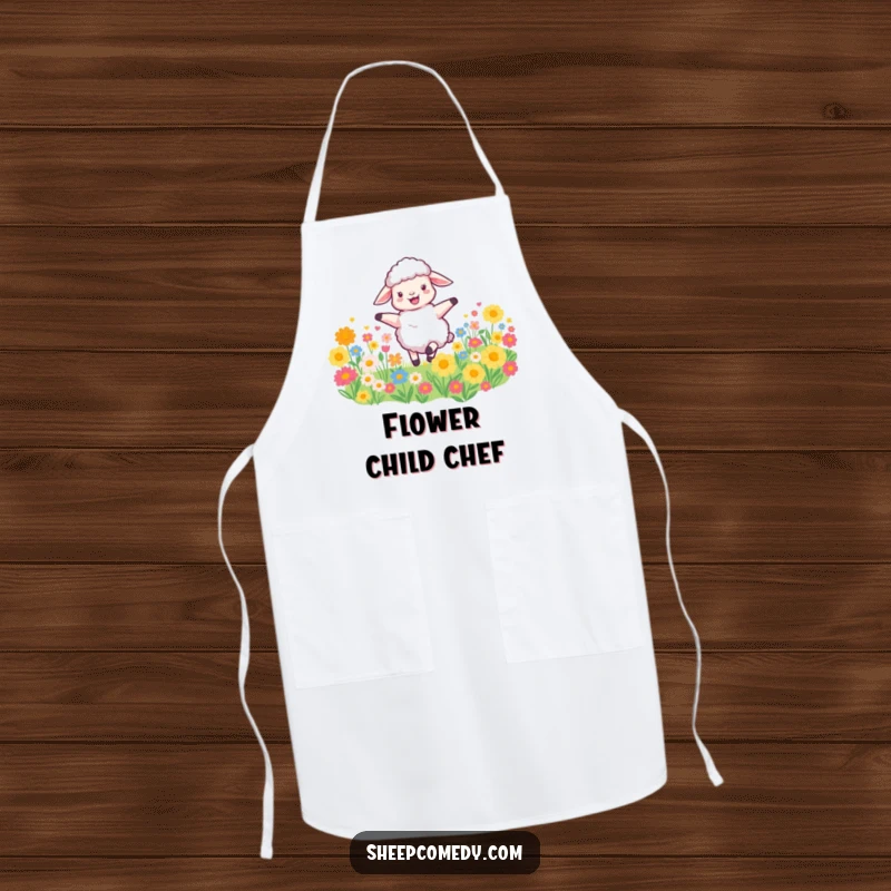 Funny Sheep Apron shows a joyful sheep dancing in a flower field, perfect for chefs or gardeners who enjoy humor and floral designs.