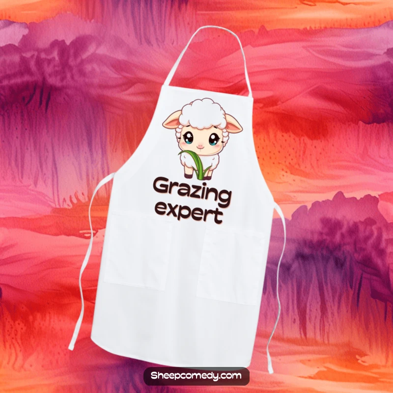 Funny apron showing a sheep with wide, innocent eyes, peacefully grazing and nibbling on a particularly delicious-looking blade of grass.