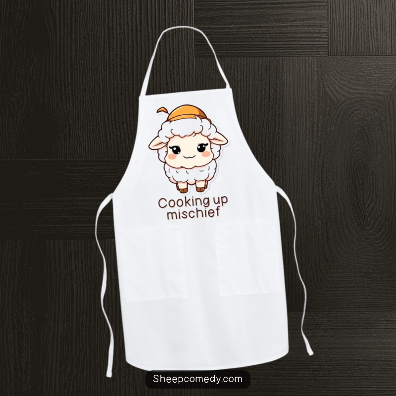 Funny apron depicting a sheep character winking mischievously while wearing a small hat, adding a fun and playful touch to cooking.