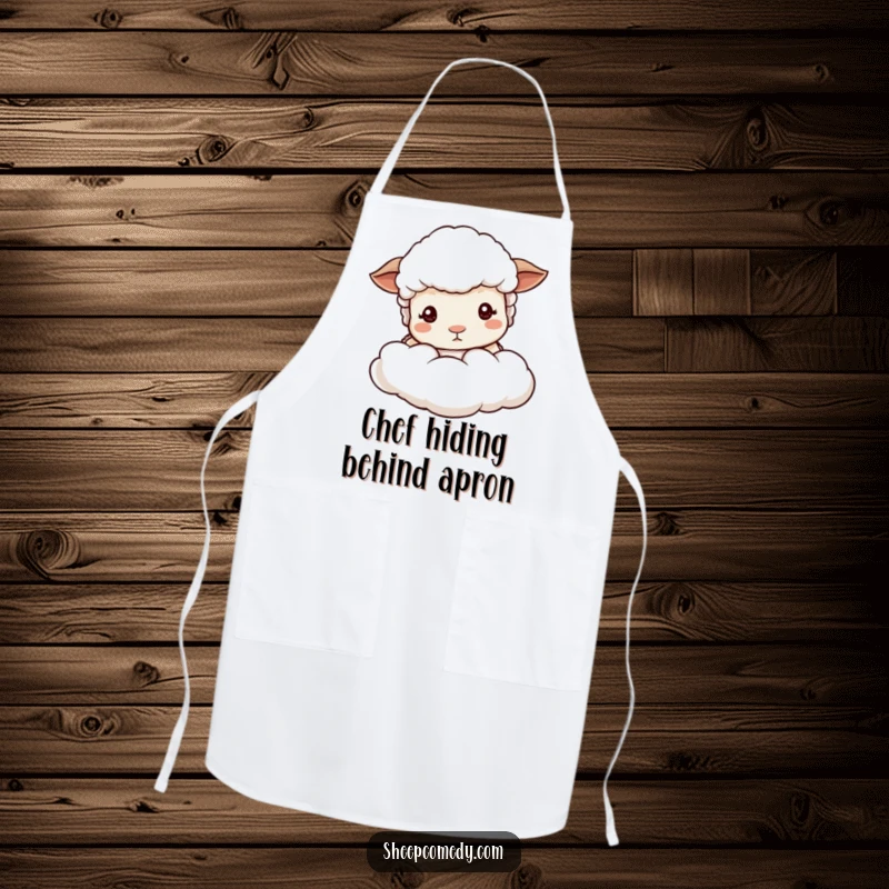 Funny sheep peeking apron, depicting a sheep with mild eyes behind a soft cloud, designed for gentle and happy cooking.
