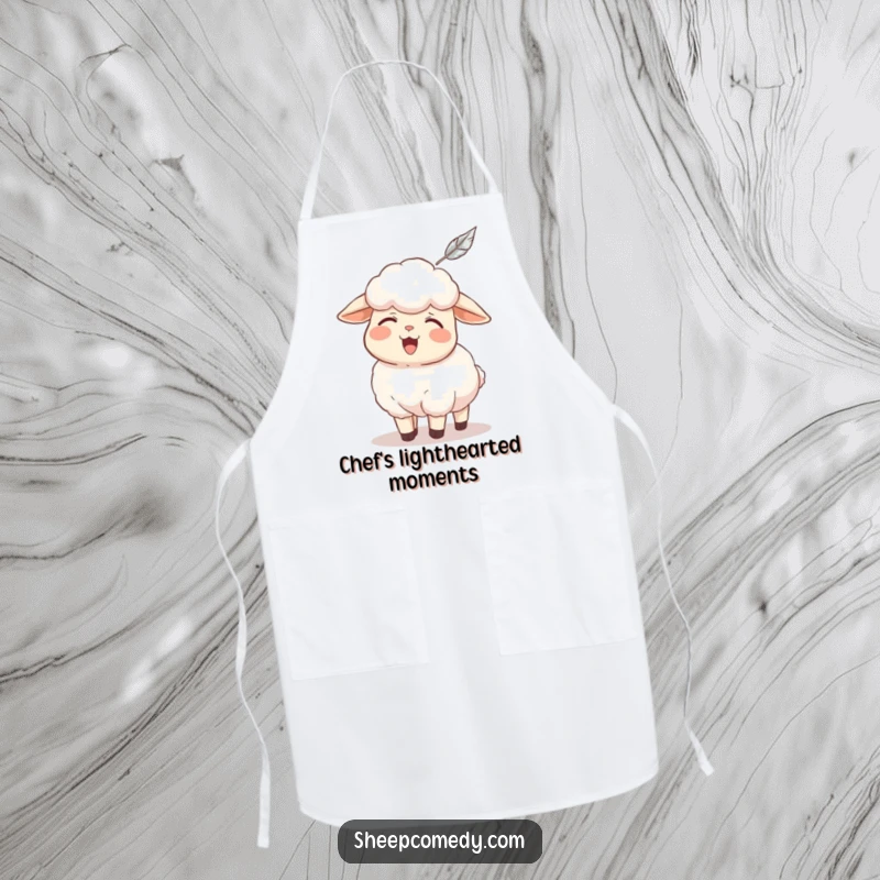 Funny sheep apron, a sheep character giggling hysterically while a feather tickles its nose, humorous kitchen gift.