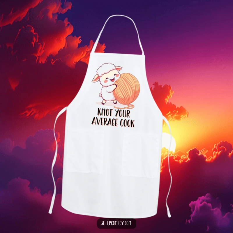 Funny Sheep Apron: A sheep joyfully butting a giant ball of yarn, bringing humor to kitchen activities.