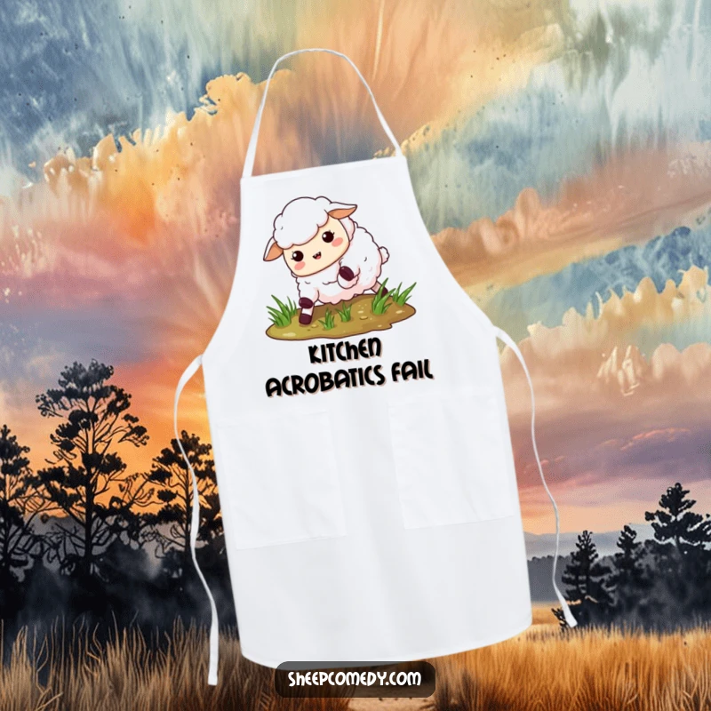 Funny Slipping Sheep Apron: A humorous apron showing a sheep comically slipping on wet grass while cooking.