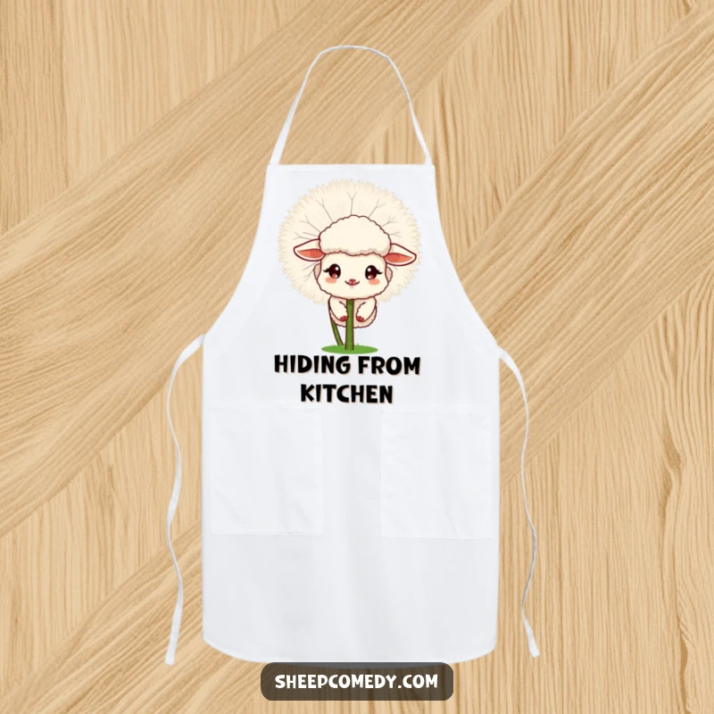 Funny Sheep apron showing a sheep peeking from a fluffy dandelion, ideal for kitchen charm.