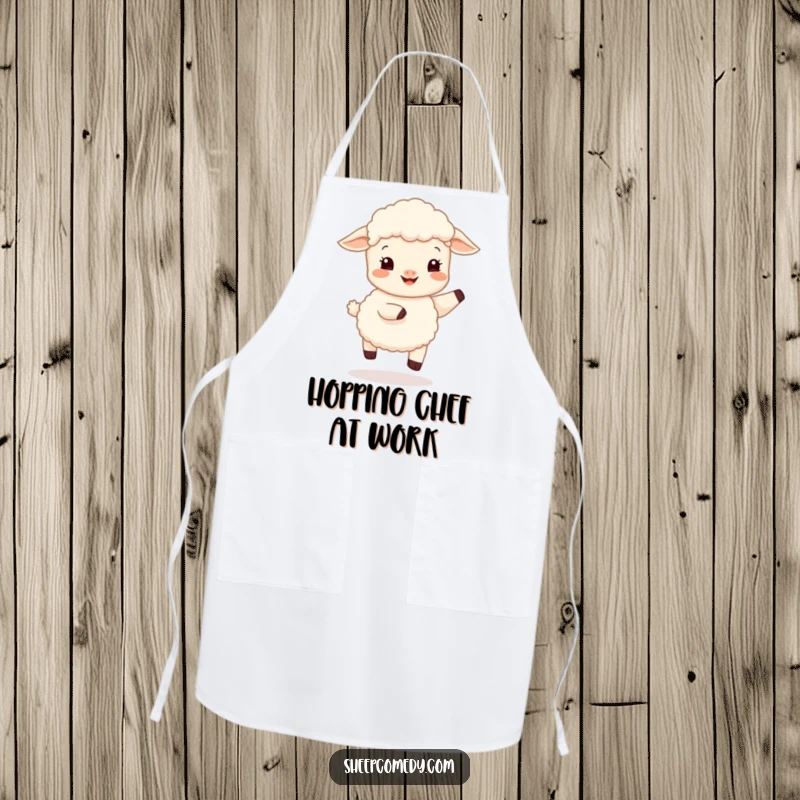 Funny sheep cub hop apron, depicting a happy lamb doing a bouncy hop, designed for cheerful cooking and baking.