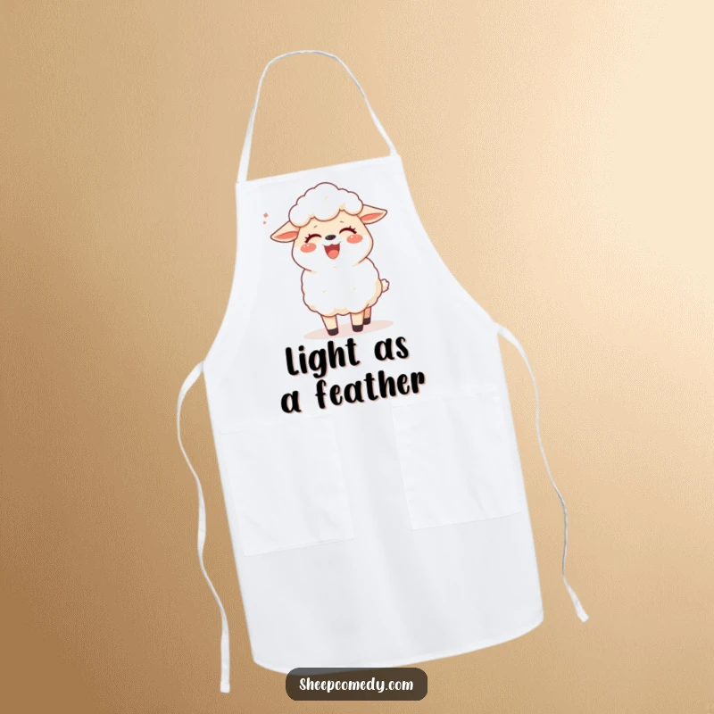 Funny chef sheep apron featuring a happy sheep giggling while being tickled by a breeze, adding humor to kitchen activities.