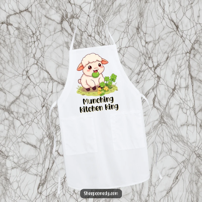Funny sheep apron for cooking, showing a happy sheep munching on a hidden clover patch, practical and joyful wear.