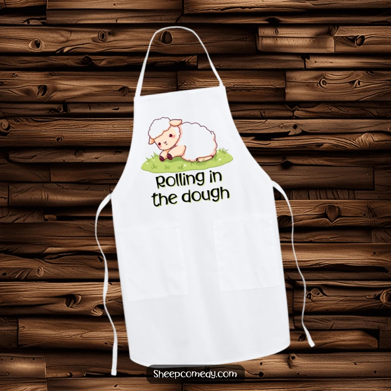 Funny Sheep Apron: A happy sheep character energetically rolling in green grass, bringing humor to the kitchen.