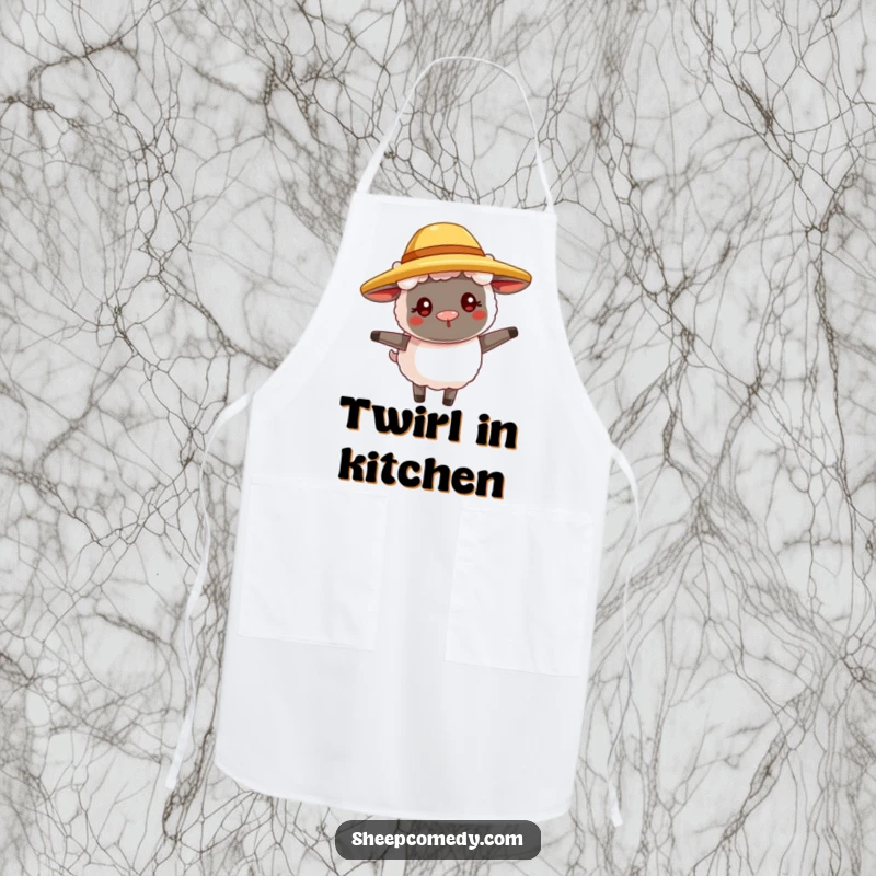 Funny sheep apron for cooking, showing a goofy sheep in a straw hat, twirling joyfully, practical and fun wear.