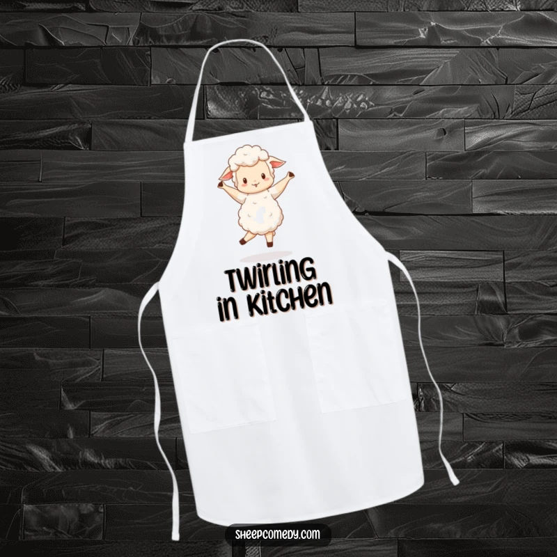Funny Sheep apron showing a sheep doing a wobbly, happy pirouette, ideal for kitchen fun.