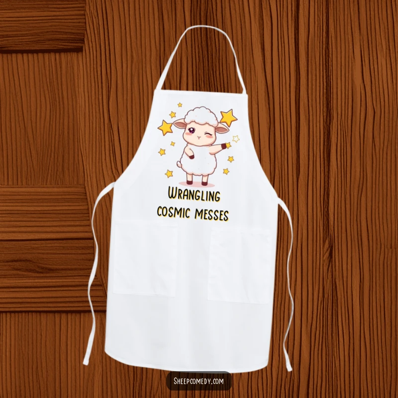 Funny apron showcasing a mischievous sheep winking while juggling bright stars, ideal for kitchen fun.