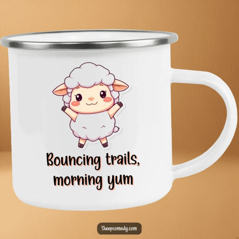 Funny Sheep Camping Mug showcasing a fluffy, woolly sheep character bouncing cheerfully, perfect for enjoying drinks outdoors with joy.