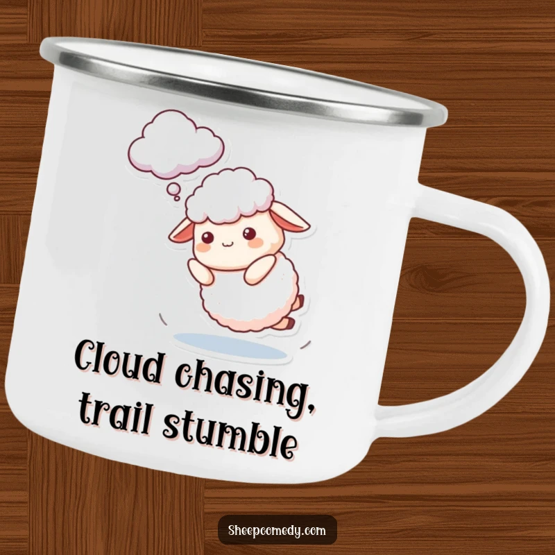 Funny Sheep Camping Mug showcasing a character playfully tripping while trying to catch a cloud, perfect for enjoying drinks outdoors with humor.