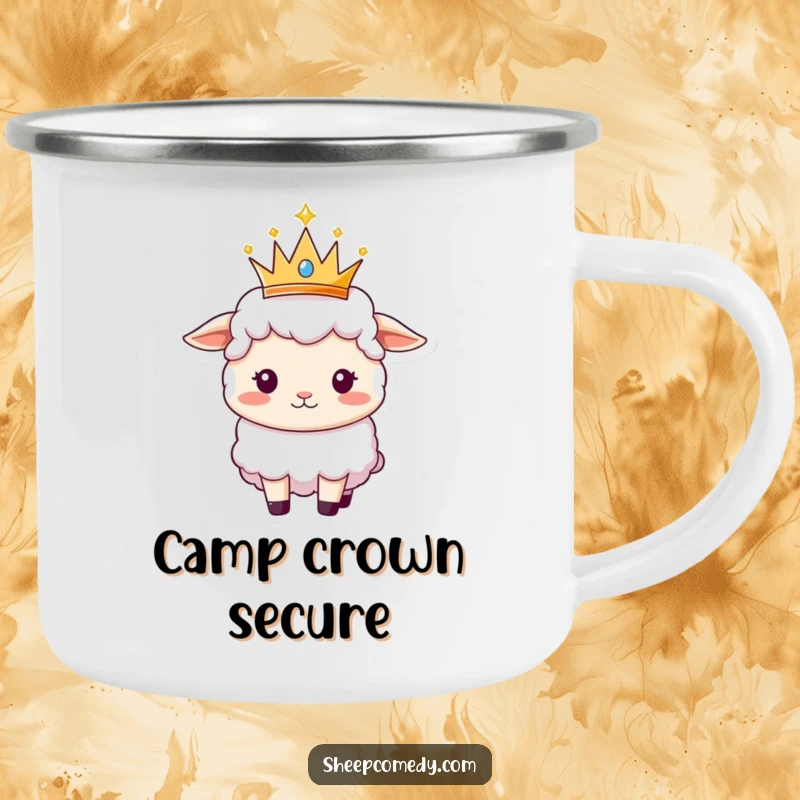 Funny Sheep camping mug showing a happy sheep balancing a small, sparkly crown, ready for royal adventures.