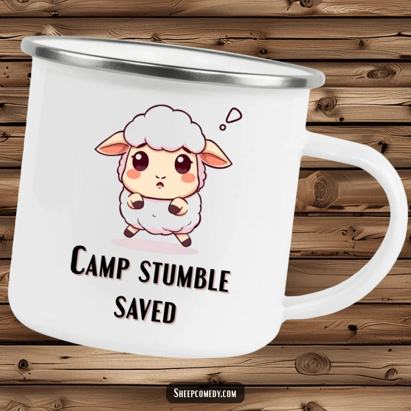 Funny Sheep camping mug showing a sheep stumbling with a surprised 'baaa', durable and humorous.
