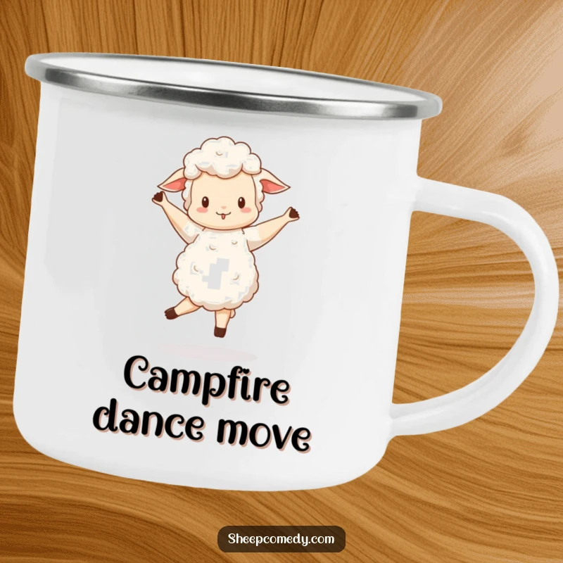 Funny Sheep camping mug showing a sheep doing a wobbly, happy pirouette, durable and humorous.