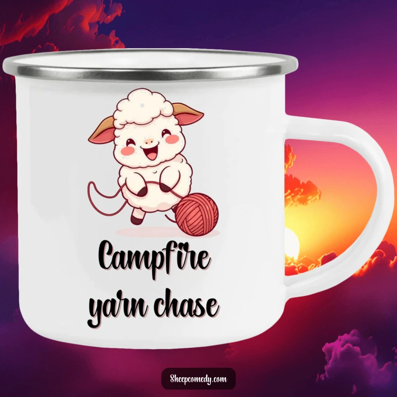 Funny sheep camping mug showing a playful character chasing a bouncing ball of yarn, full of cheerful energy.