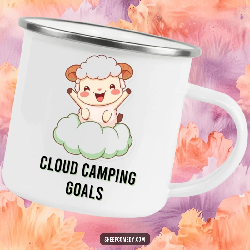 Funny Sheep Camping Mug: Sheep character bouncing on a fluffy green cloud, durable and humorous, perfect for outdoor enjoyment.