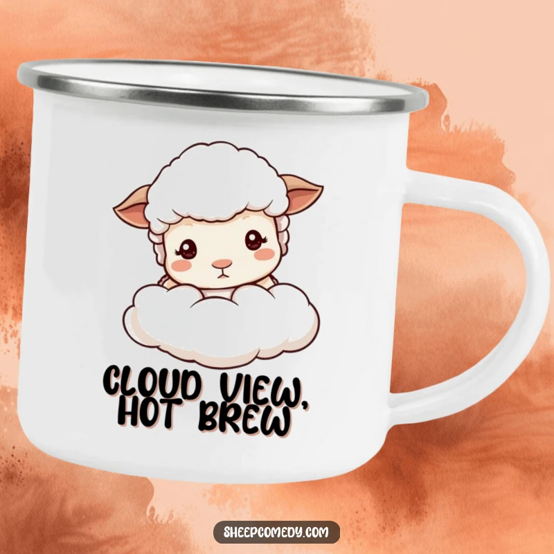 Funny sheep peeking camping mug, featuring a sheep behind a soft cloud, built for outdoor enjoyment with a peaceful vibe.