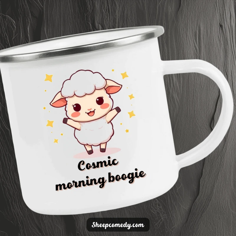Funny Sheep Camping Mug: Enamel mug with a sheep wiggle dancing surrounded by stars, perfect for outdoor cheer.