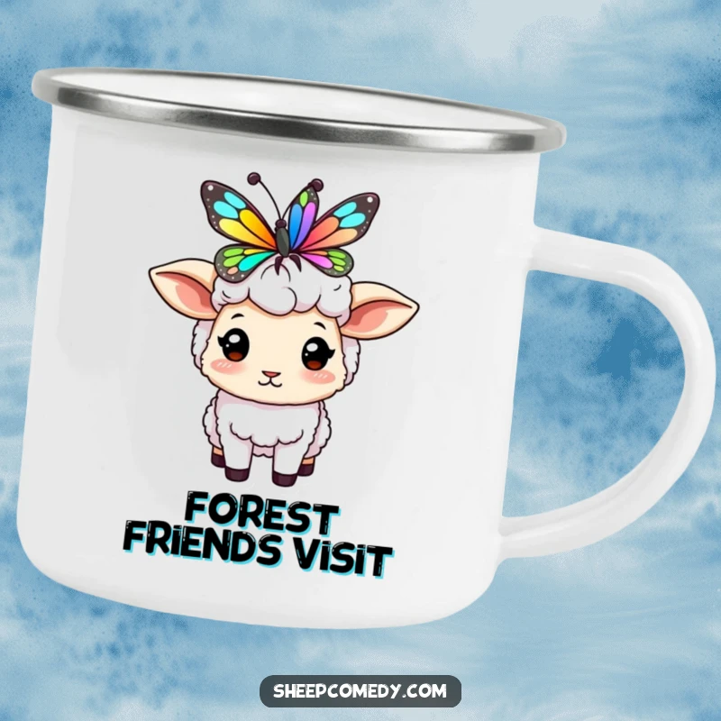 Funny sheep camping mug showing a character balancing a colorful butterfly on its head, bringing gentle humor to the outdoors.