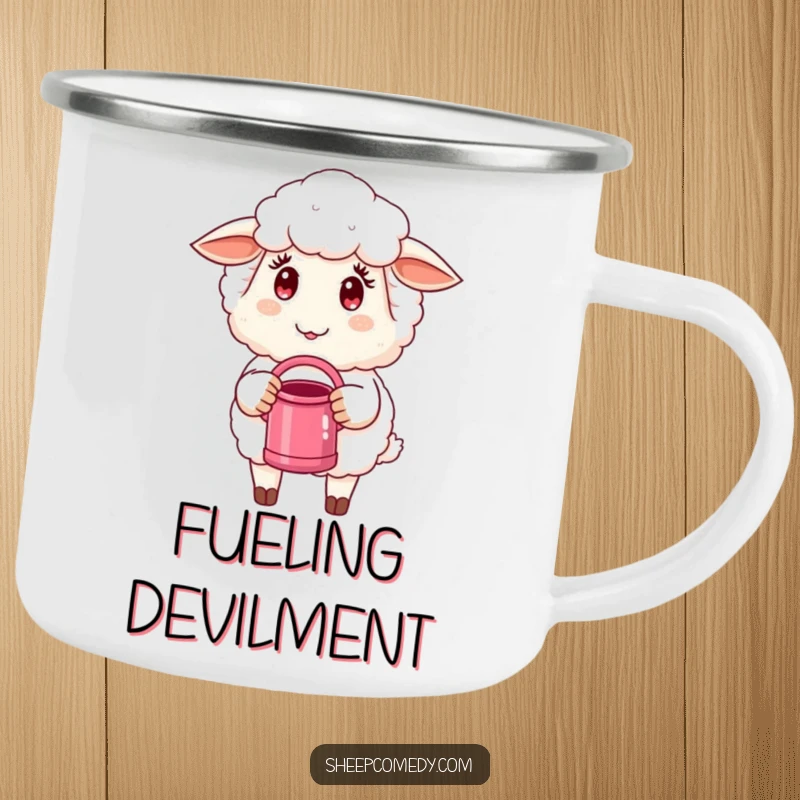Funny Sheep Camping Mug: Enamel mug with a mischievous sheep holding a watering can, ideal for outdoor fun.