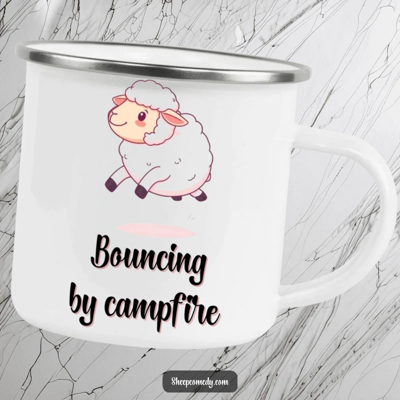 Funny kawaii sheep bouncing camping mug, showcasing fluffy wool and a playful pose, built for outdoor enjoyment and durability.