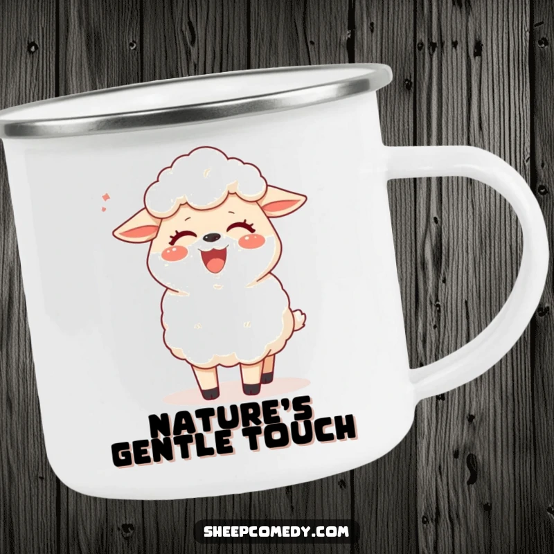 Funny sheep camping mug featuring a sheep laughing heartily from a tickling breeze, ideal for enjoying beverages outdoors with humor.