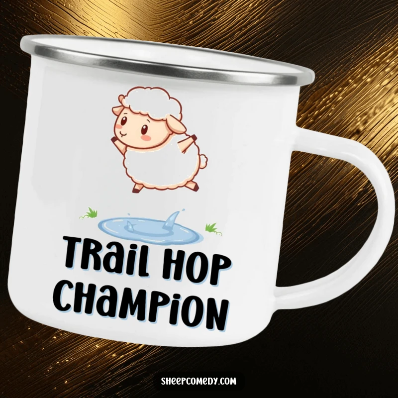 Funny sheep camping mug, a determined sheep hopping over a sparkling puddle, perfect for outdoor motivation.