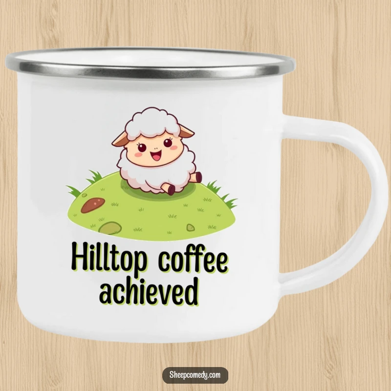Funny sheep camping mug with a fluffy character joyfully rolling down a grassy hill, bringing humor to outdoor adventures.
