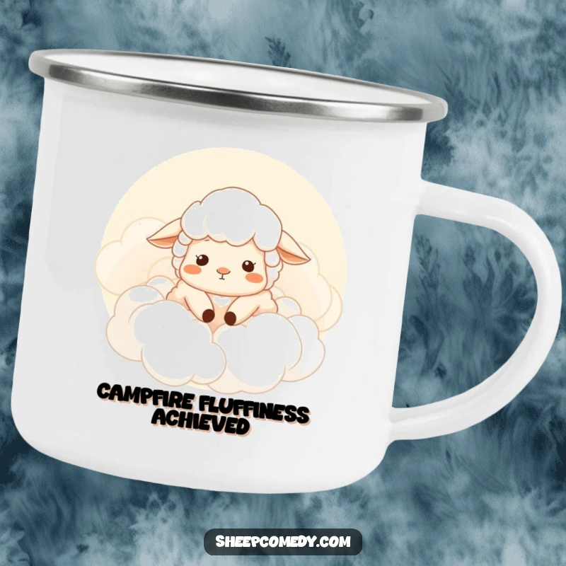 Funny sheep camping mug, sheep sighing contentedly in soft clouds, for peaceful outdoor drinks, a funny gift.