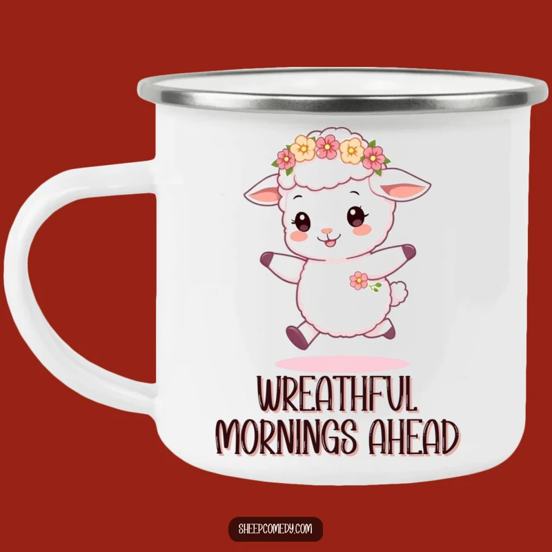 Funny Sheep Cub Skipping Camping Mug, Durable Flower Wreath Design, Adventure Funny Gift