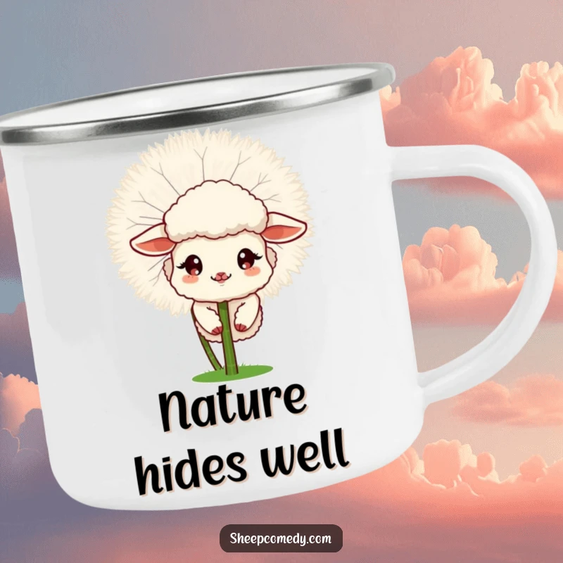 Funny Sheep camping mug showing a sheep peeking from a fluffy dandelion, durable and humorous.