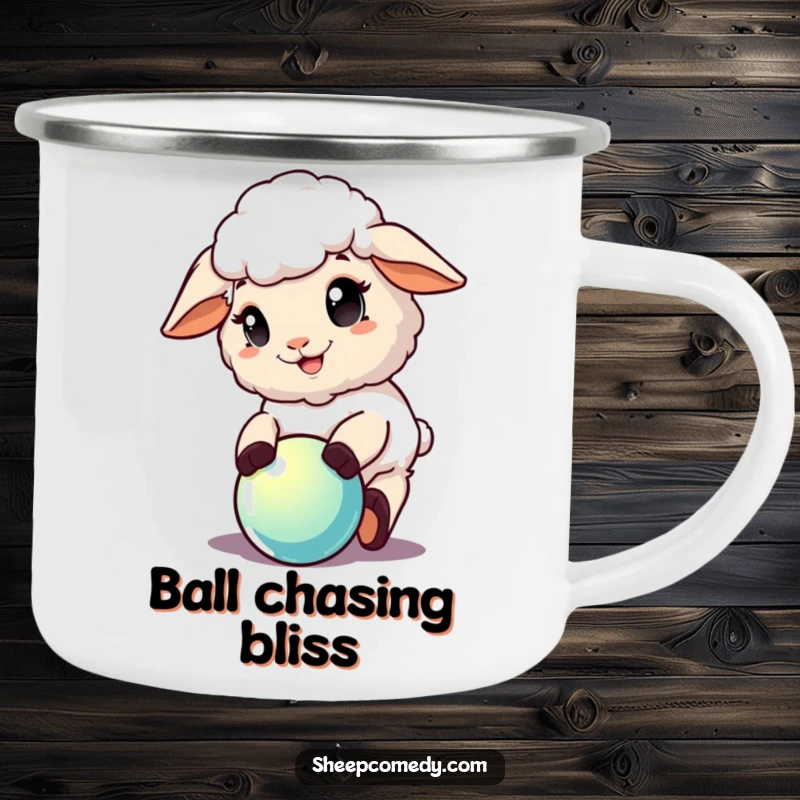 Funny Sheep Camping Mug: Enamel mug with a delighted sheep playing with a shiny ball, ideal for outdoor fun.