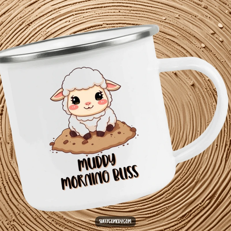 Funny sheep camping mug showing a sheep happily rolling in dirt, ideal for outdoor enthusiasts who love humor.