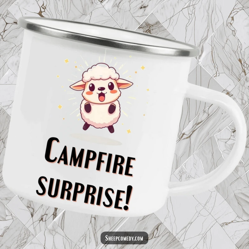 Funny enamel camping mug with a surprised sheep character leaping from a bursting, sparkling pom-pom, built for unexpected fun and a good laugh.