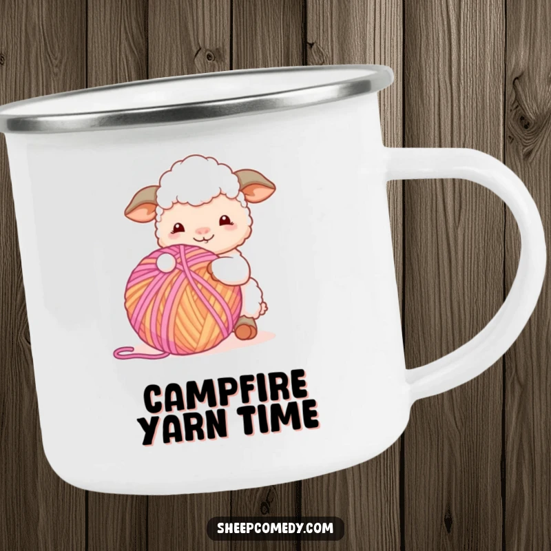 Funny Sheep Camping Mug: Sheep character playing with yarn, durable and humorous, perfect for crafting adventures.
