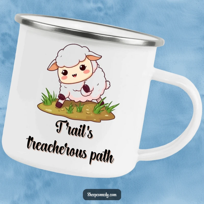 Funny Slipping Sheep Camping Mug: A sturdy mug showing a sheep comically slipping on wet grass, perfect for outdoor humor.