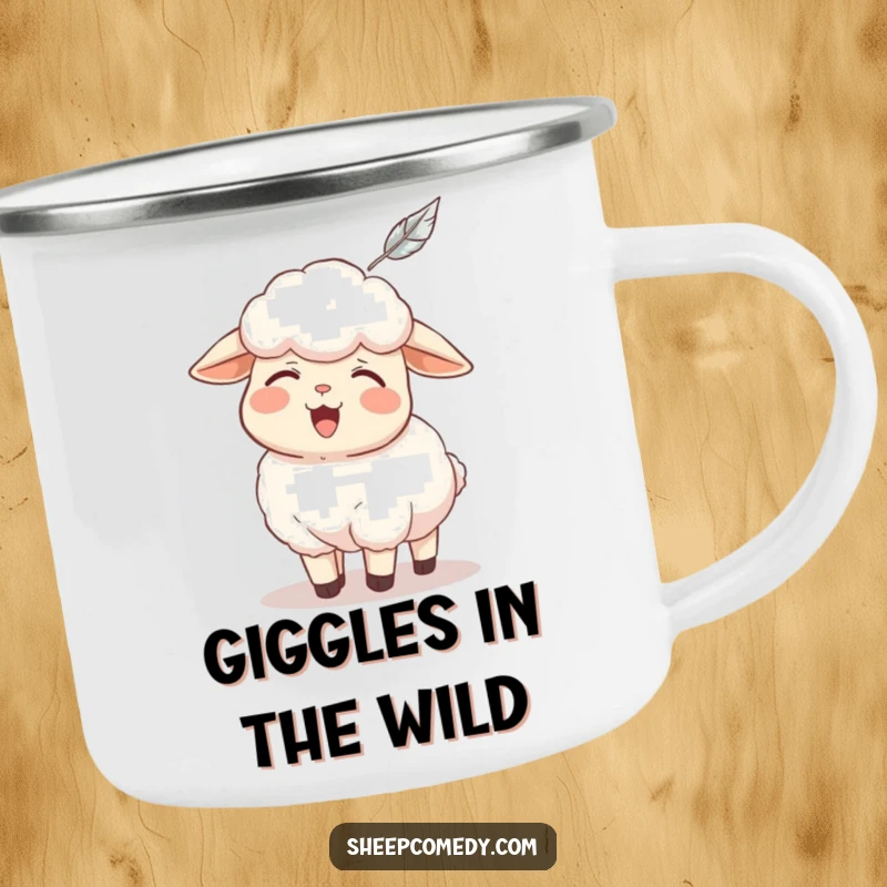 Funny sheep camping mug, a sheep is giggling uncontrollably from a feather tickle, durable humorous outdoor gift.