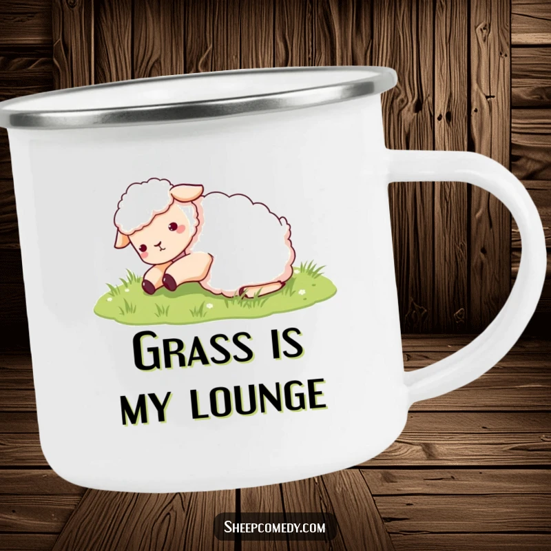 Funny Sheep Camping Mug: Durable enamel mug with a sheep rolling in grass, ideal for outdoor fun and humor.