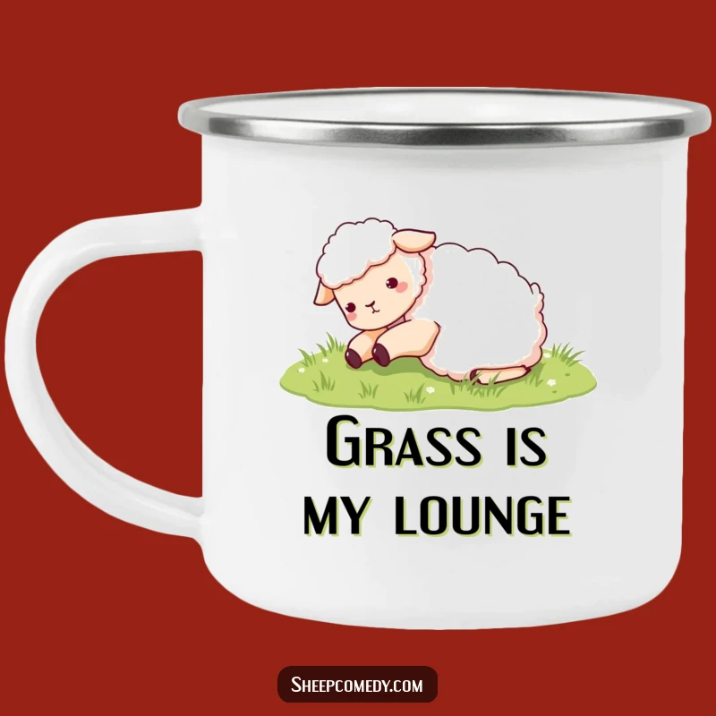 Funny Sheep Rolling in Grass Camping Mug: Enamel Sheep Mug, Great Funny Gift for Outdoors